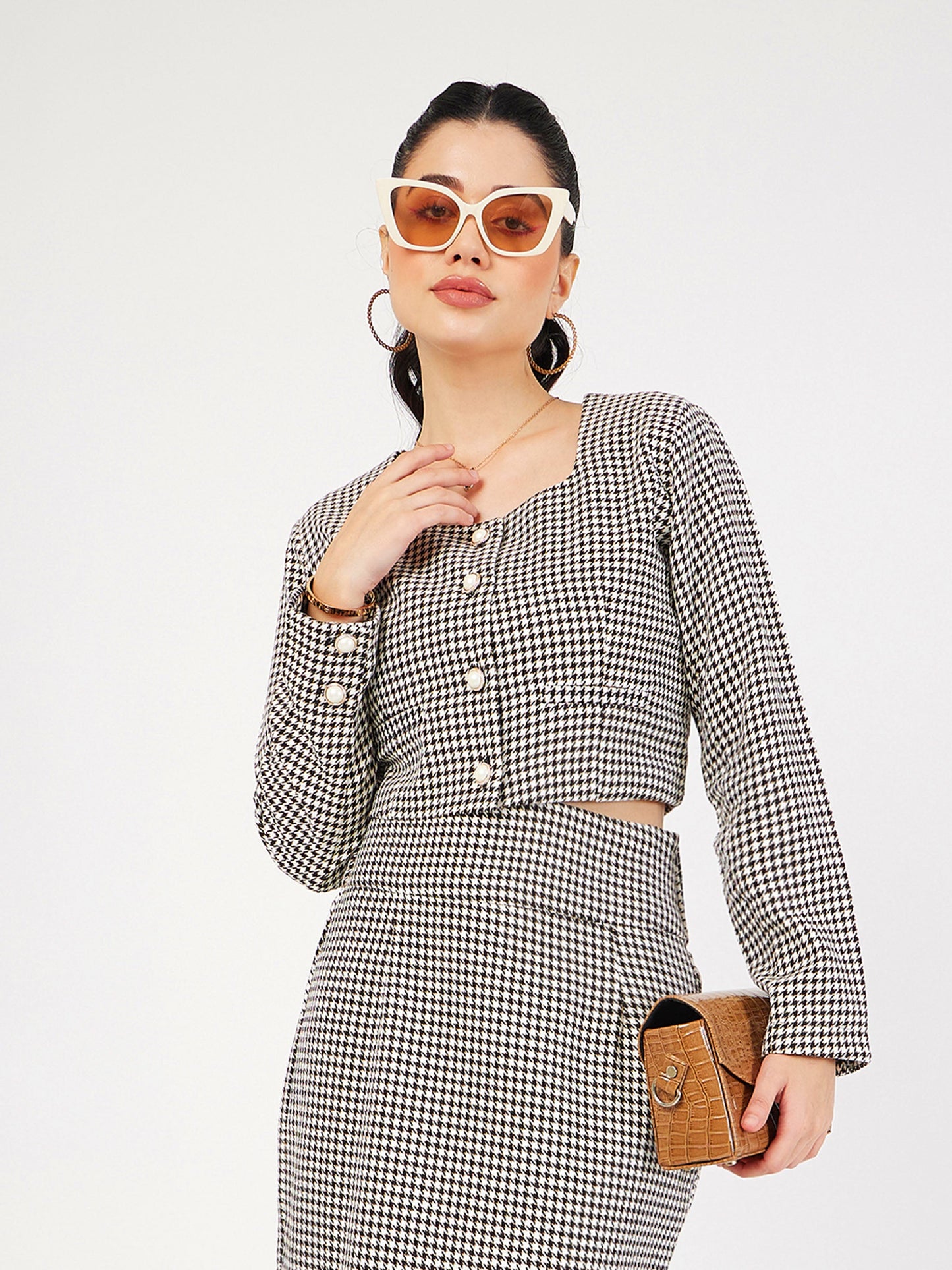Black Houndstooth Tweed Square Neck Top