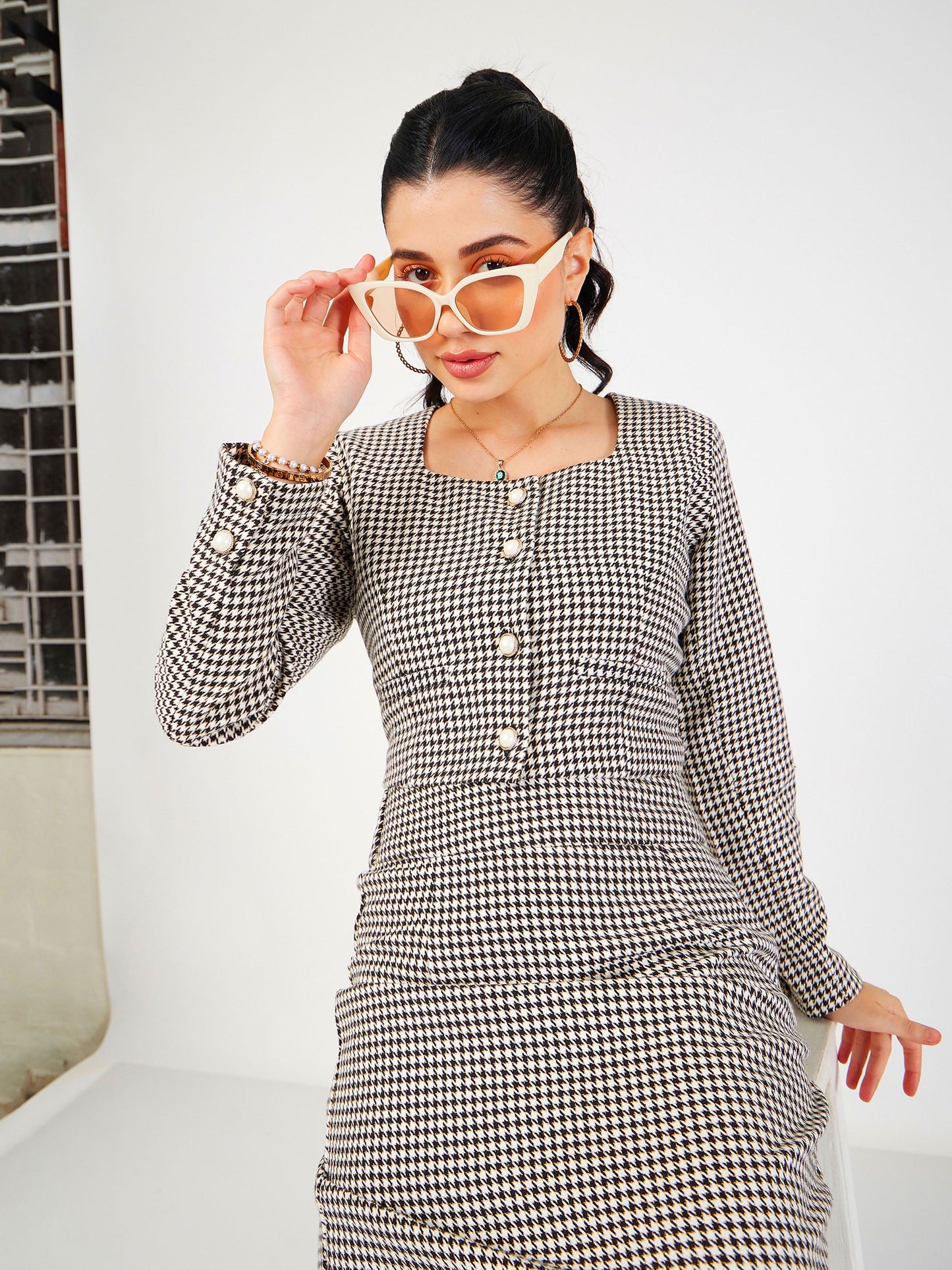Black Houndstooth Tweed Square Neck Top