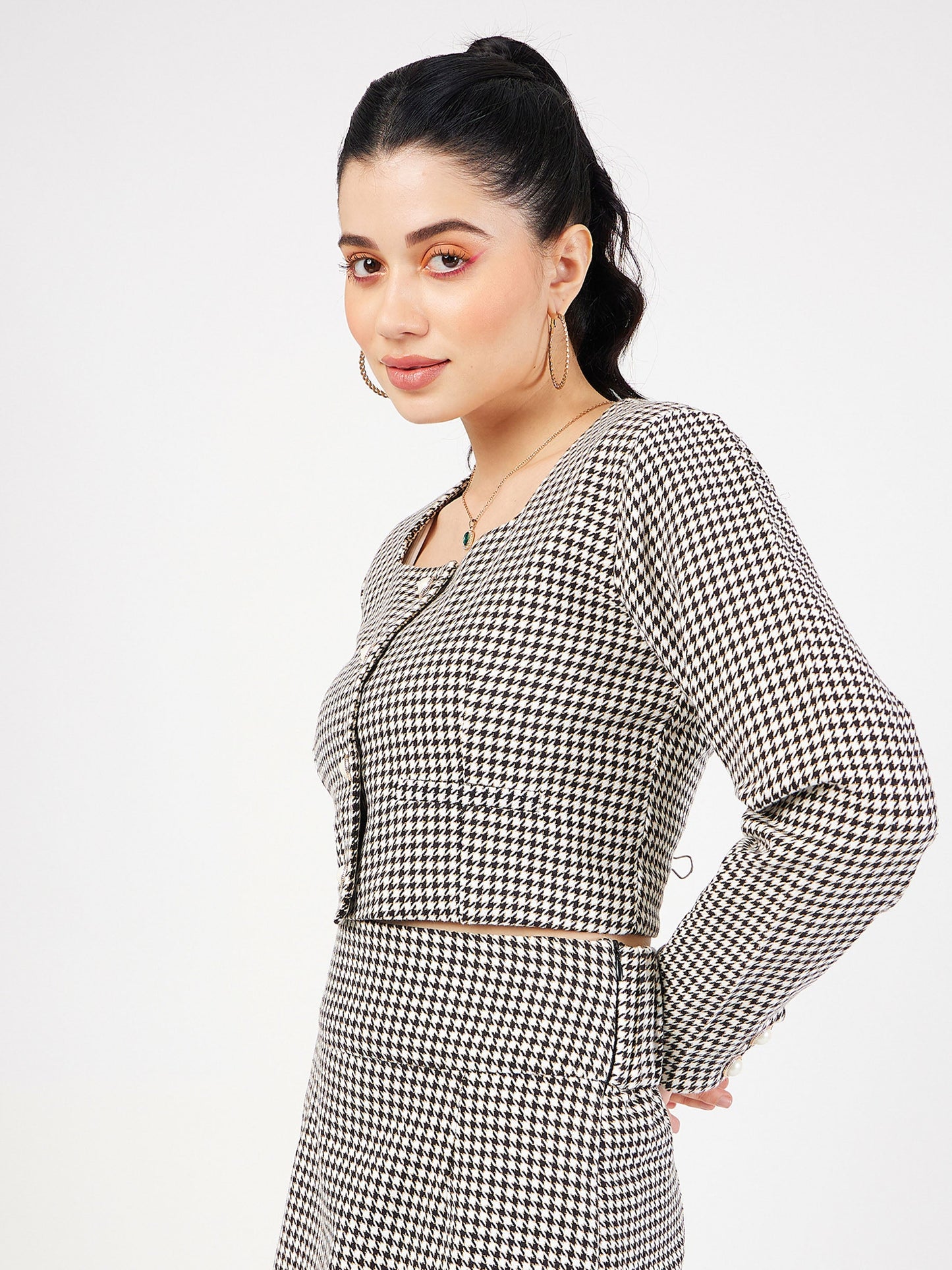 Black Houndstooth Tweed Square Neck Top