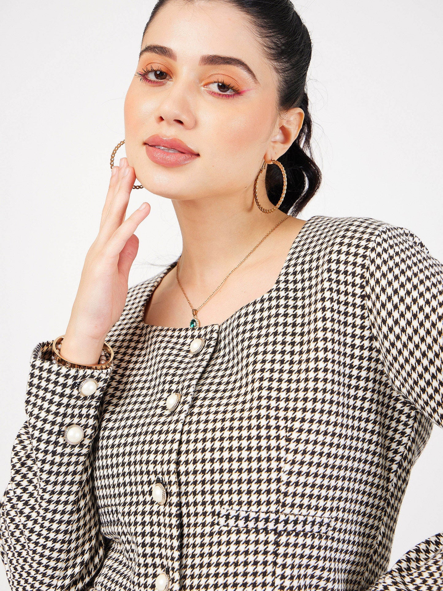 Black Houndstooth Tweed Square Neck Top