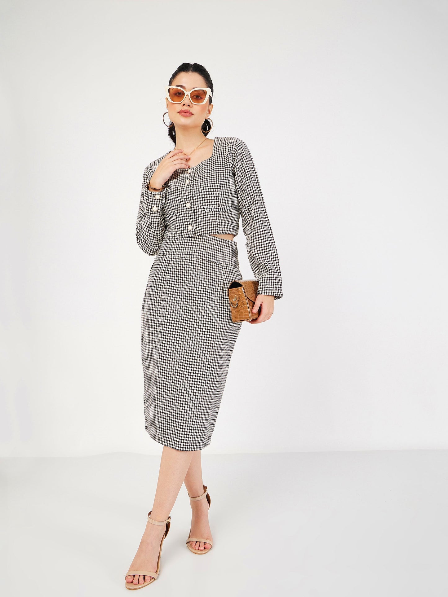 Black Houndstooth Tweed Square Neck Top