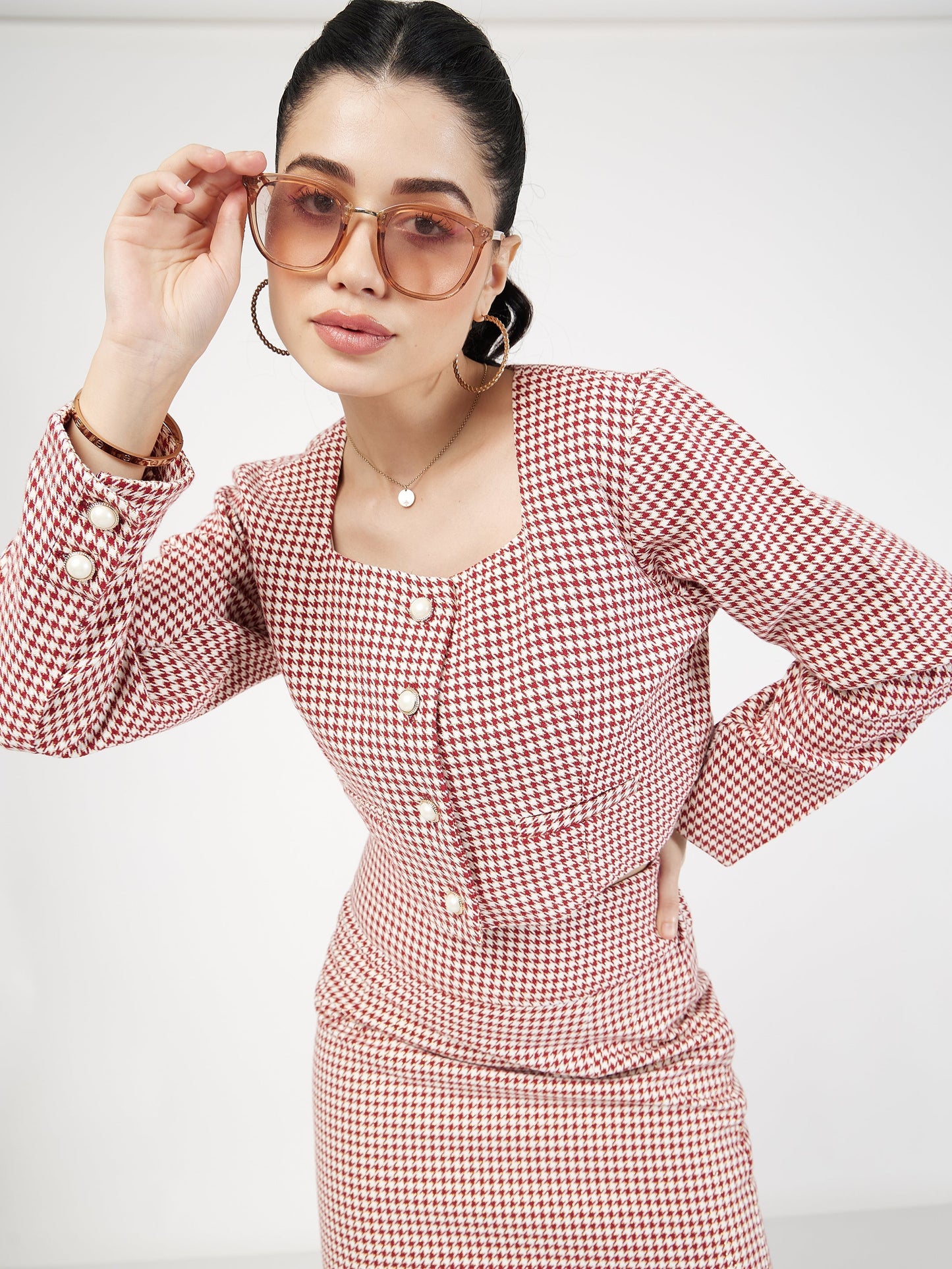 Red Houndstooth Tweed Square Neck Top