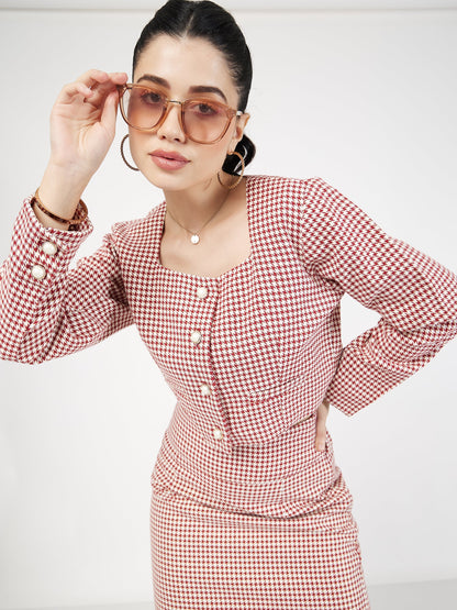 Red Houndstooth Tweed Square Neck Top