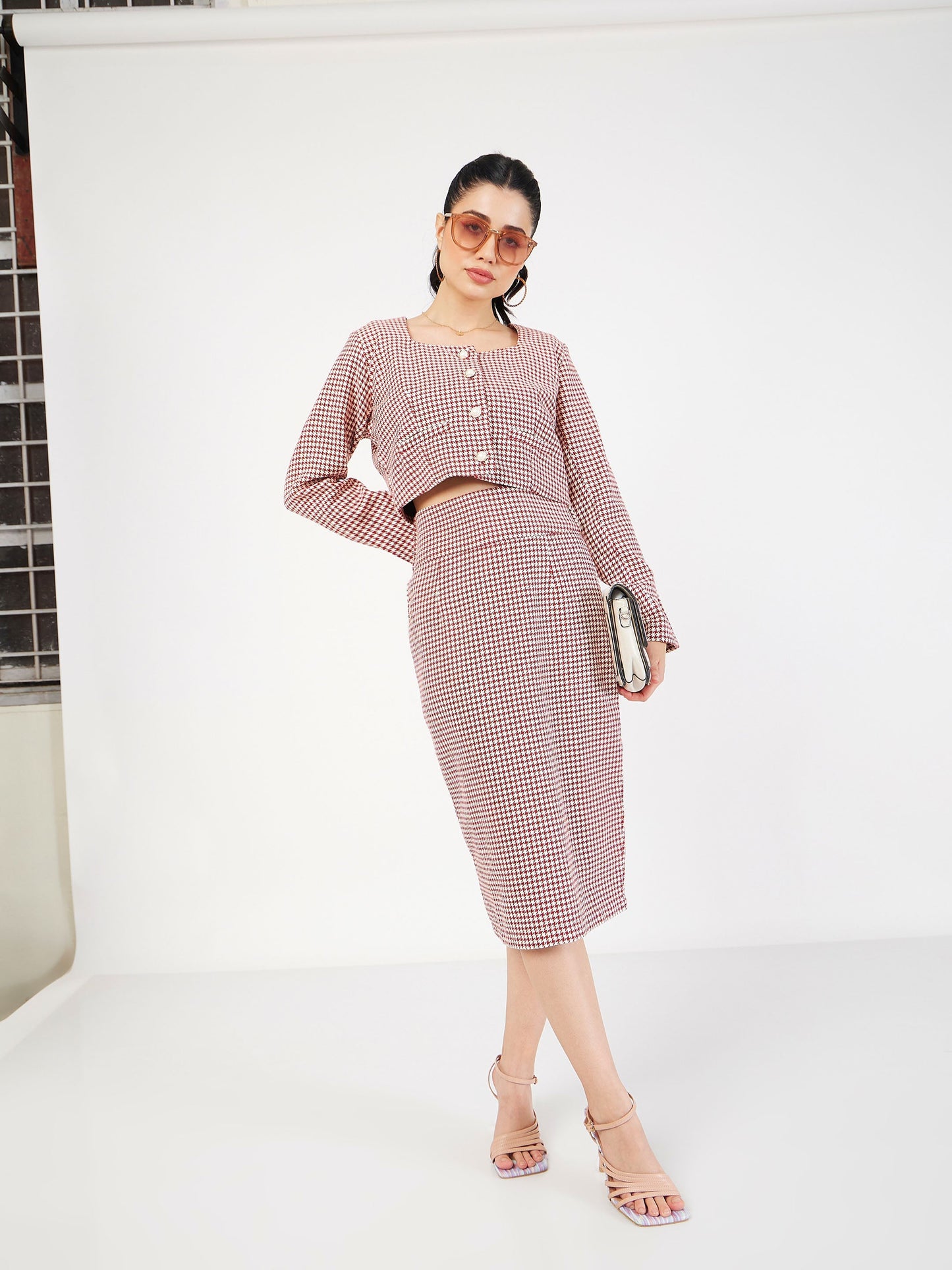 Red Houndstooth Tweed Square Neck Top