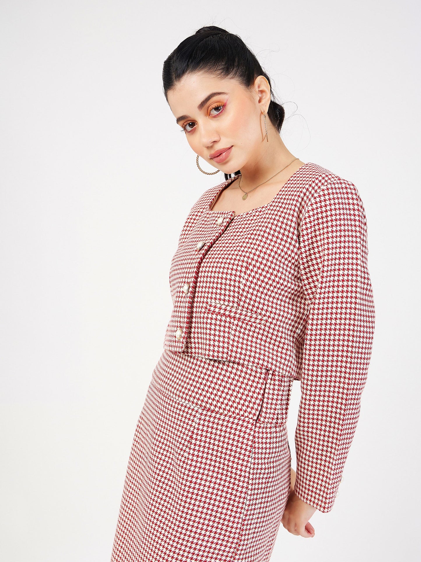 Red Houndstooth Tweed Square Neck Top