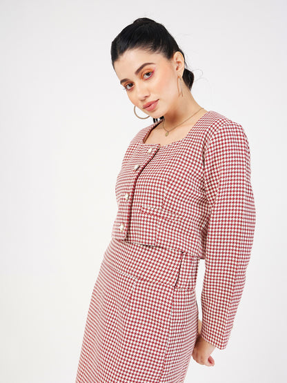 Red Houndstooth Tweed Square Neck Top