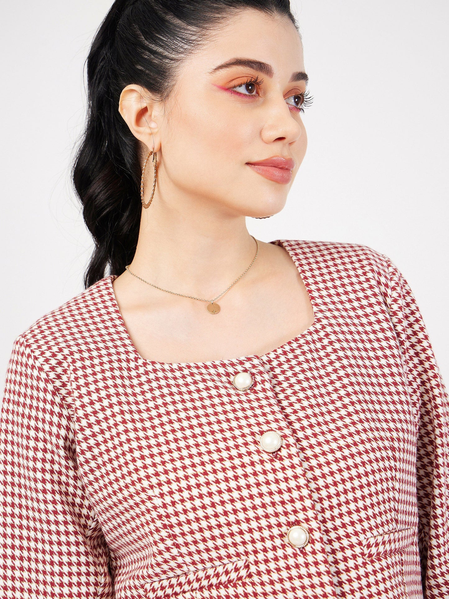Red Houndstooth Tweed Square Neck Top