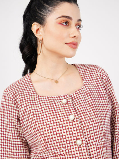 Red Houndstooth Tweed Square Neck Top