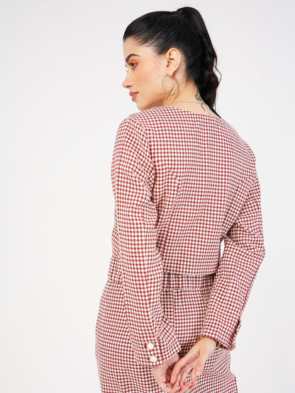 Red Houndstooth Tweed Square Neck Top
