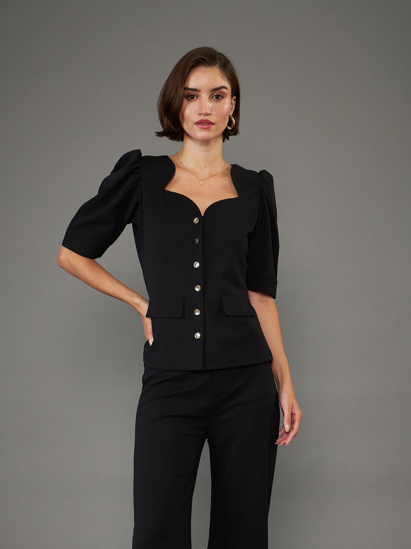 Women Black Puff Sleeves Top