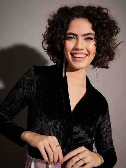 Black Velvet Front Wrap Bodysuit