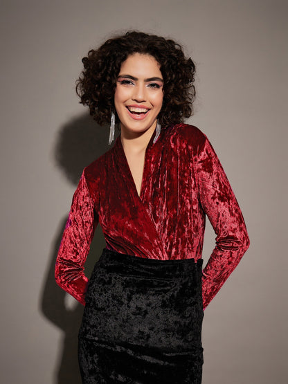 Maroon Velvet Front Wrap Bodysuit