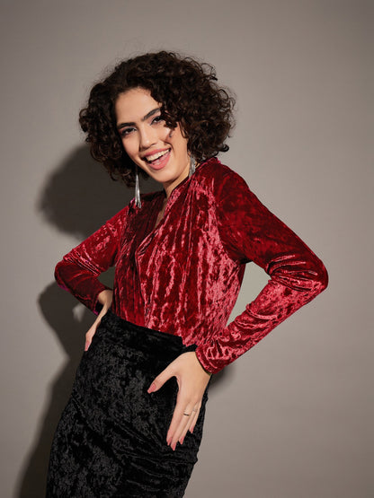 Maroon Velvet Front Wrap Bodysuit