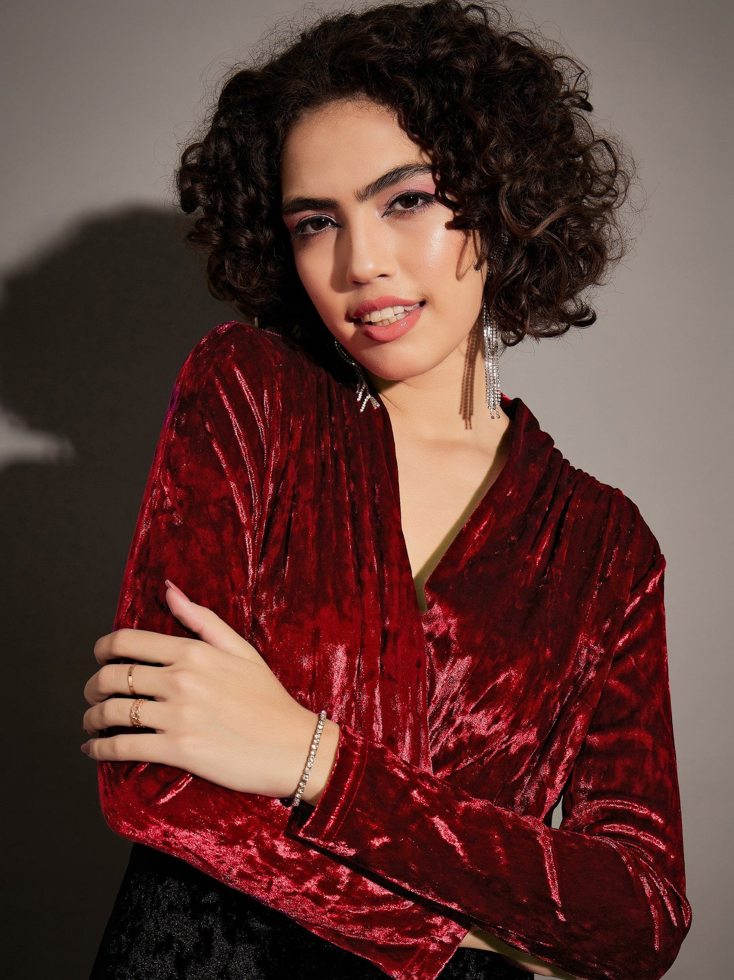 Maroon Velvet Front Wrap Bodysuit