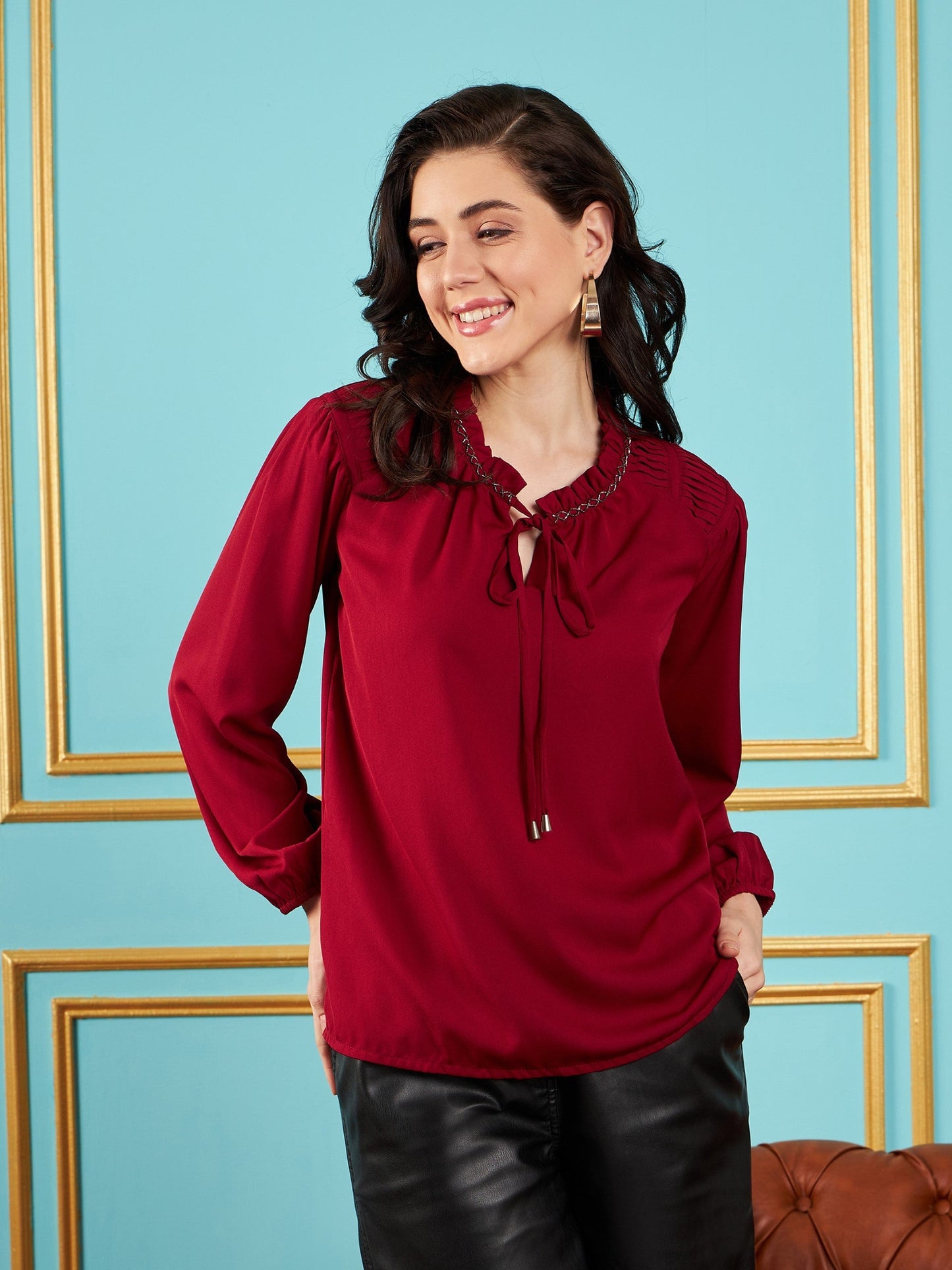 Maroon Puff Sleeves Embellished Top