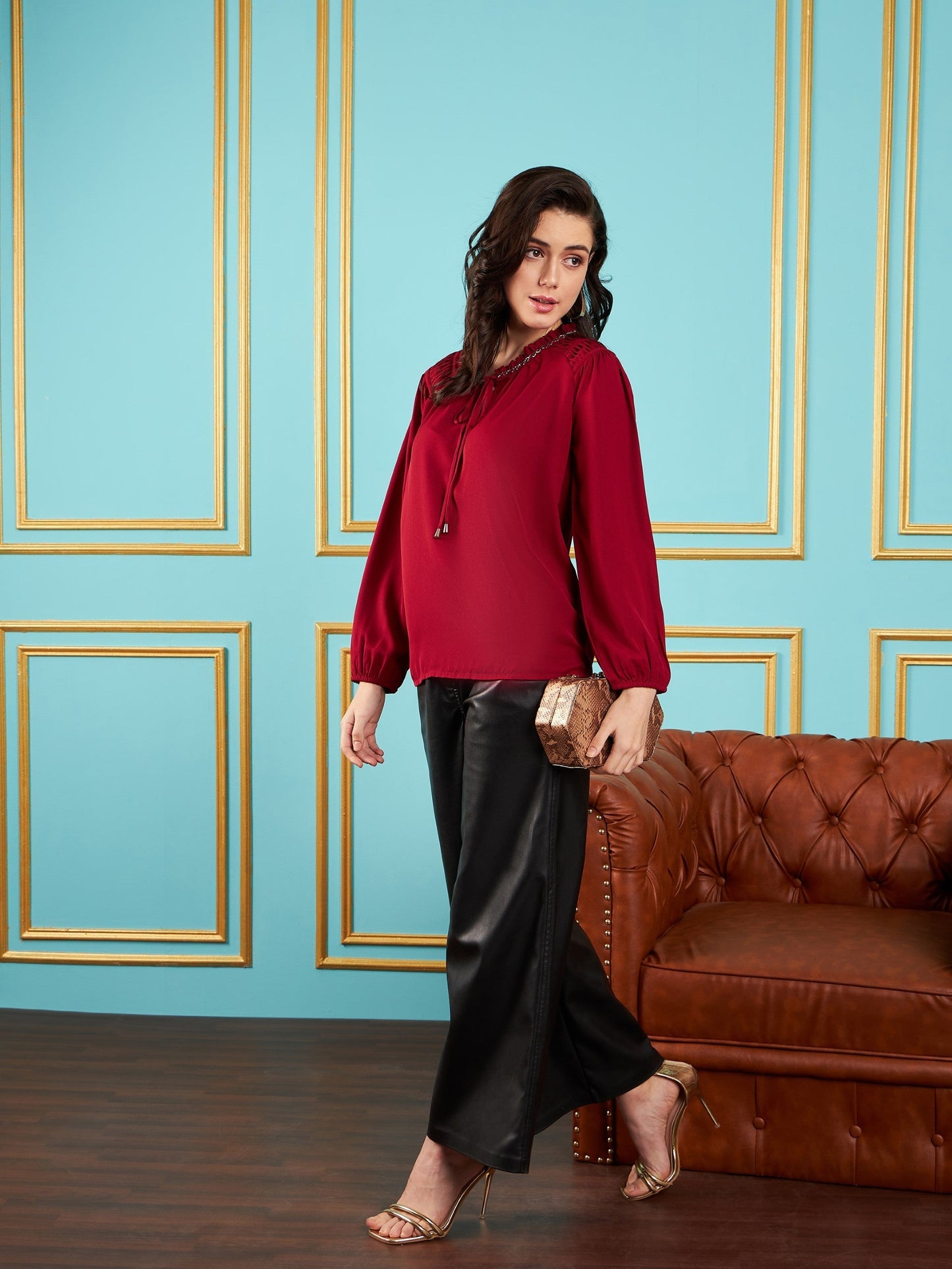 Maroon Puff Sleeves Embellished Top