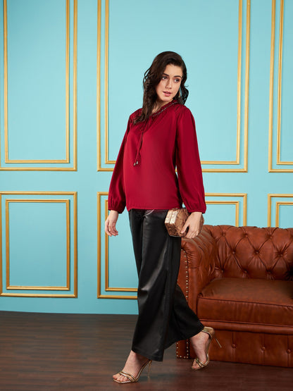 Maroon Puff Sleeves Embellished Top