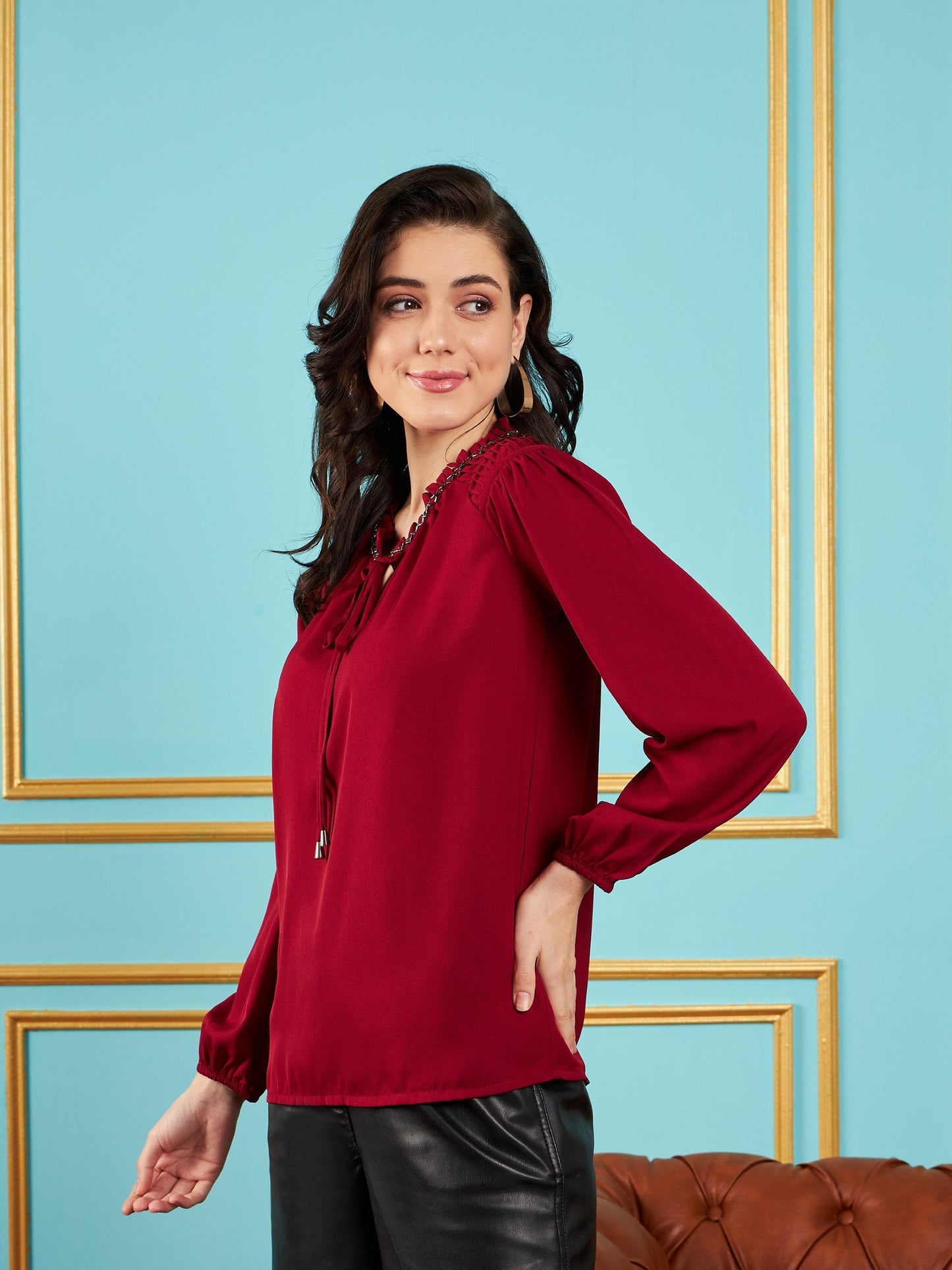 Maroon Puff Sleeves Embellished Top