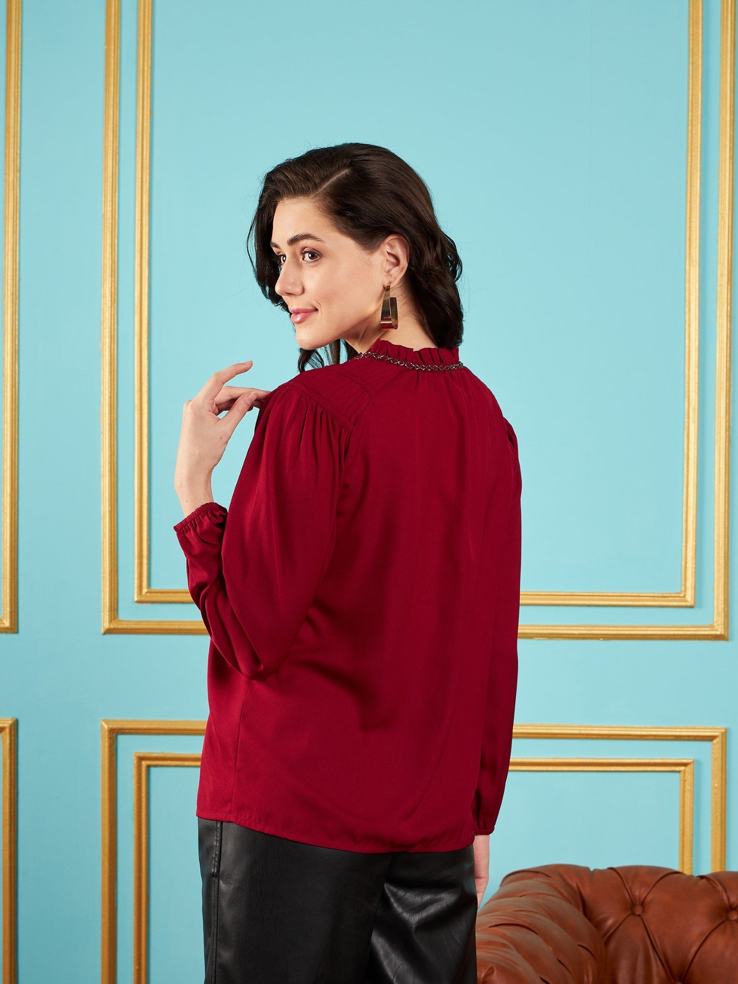Maroon Puff Sleeves Embellished Top