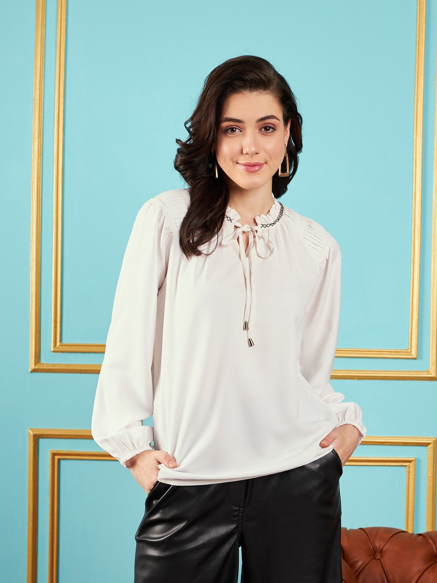 White Puff Sleeves Embellished Top