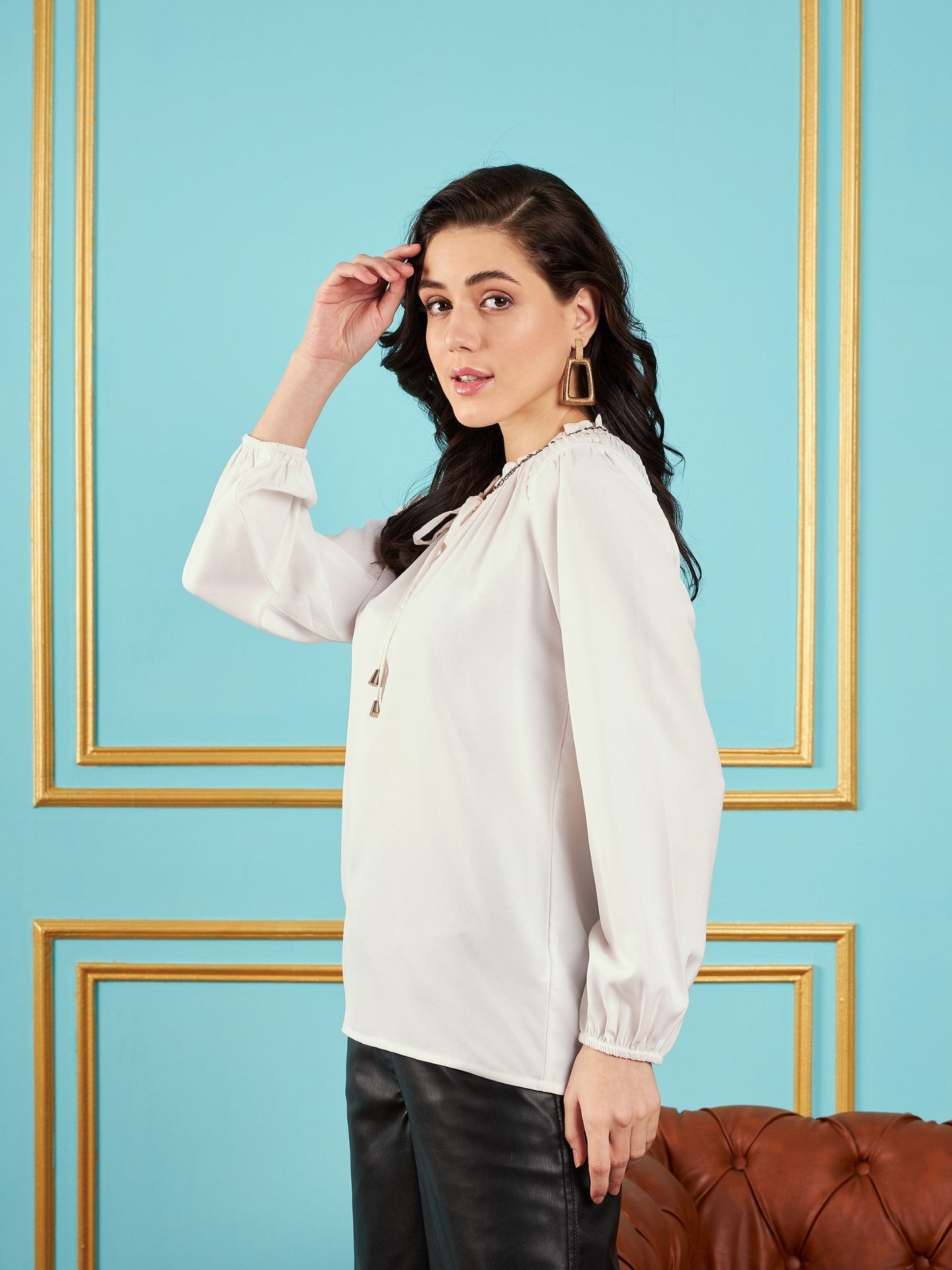 White Puff Sleeves Embellished Top
