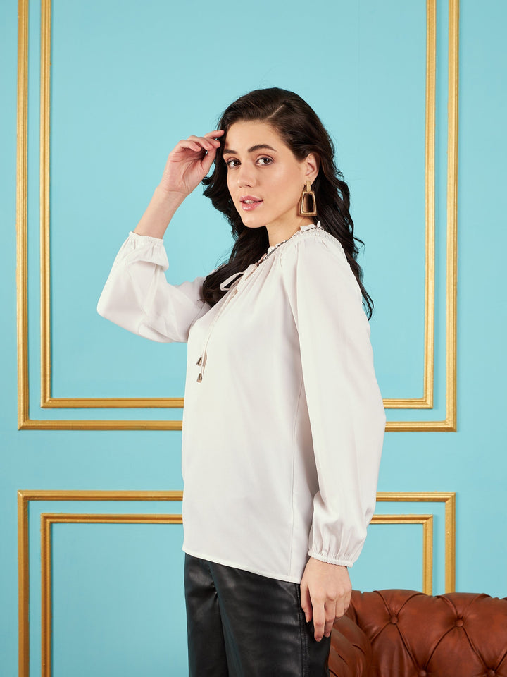 White Puff Sleeves Embellished Top