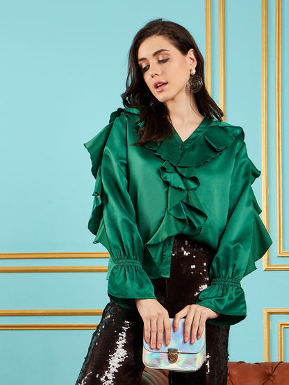 Green Satin Frill Top