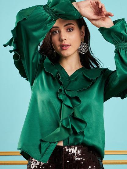 Green Satin Frill Top