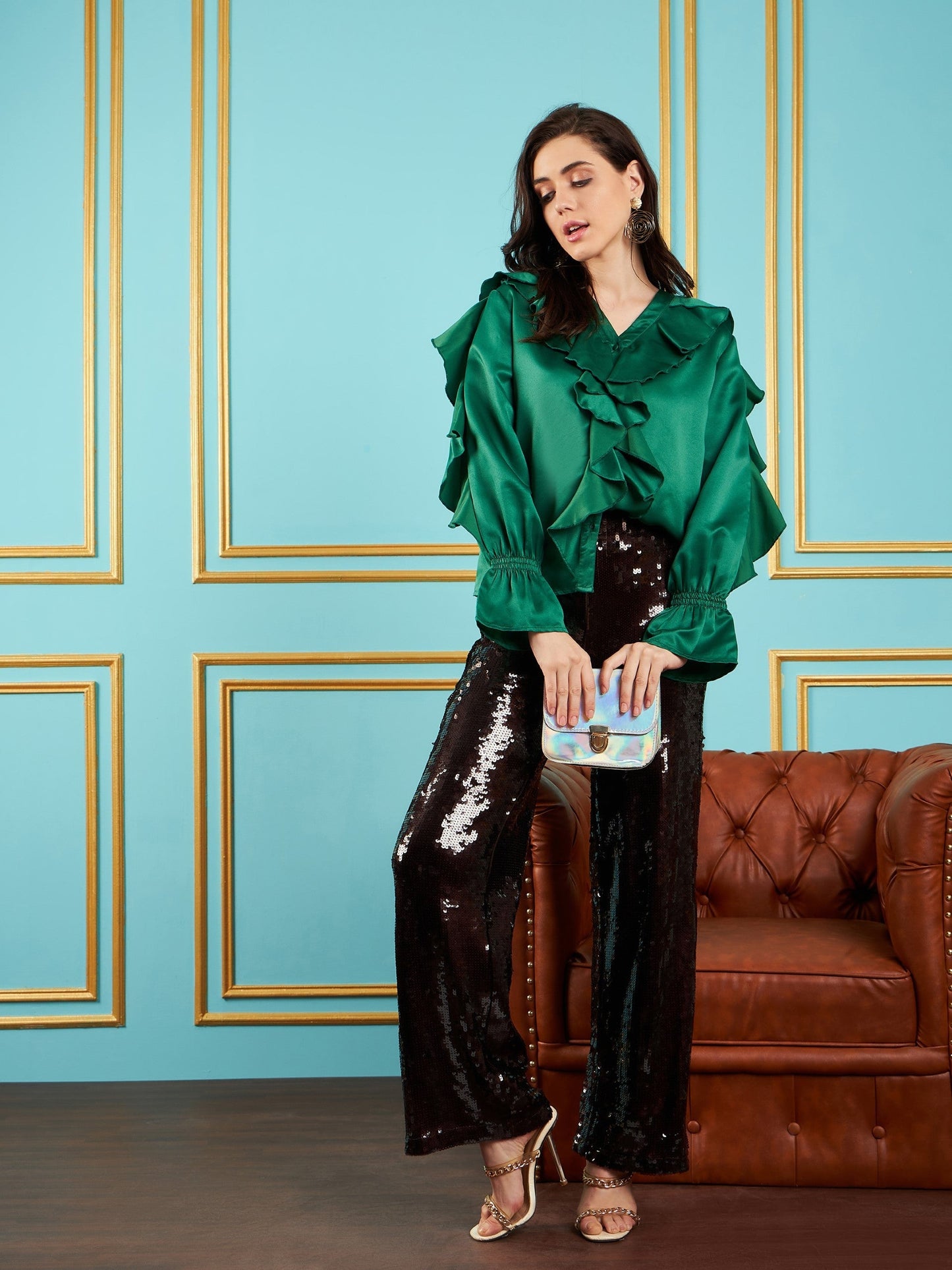 Green Satin Frill Top