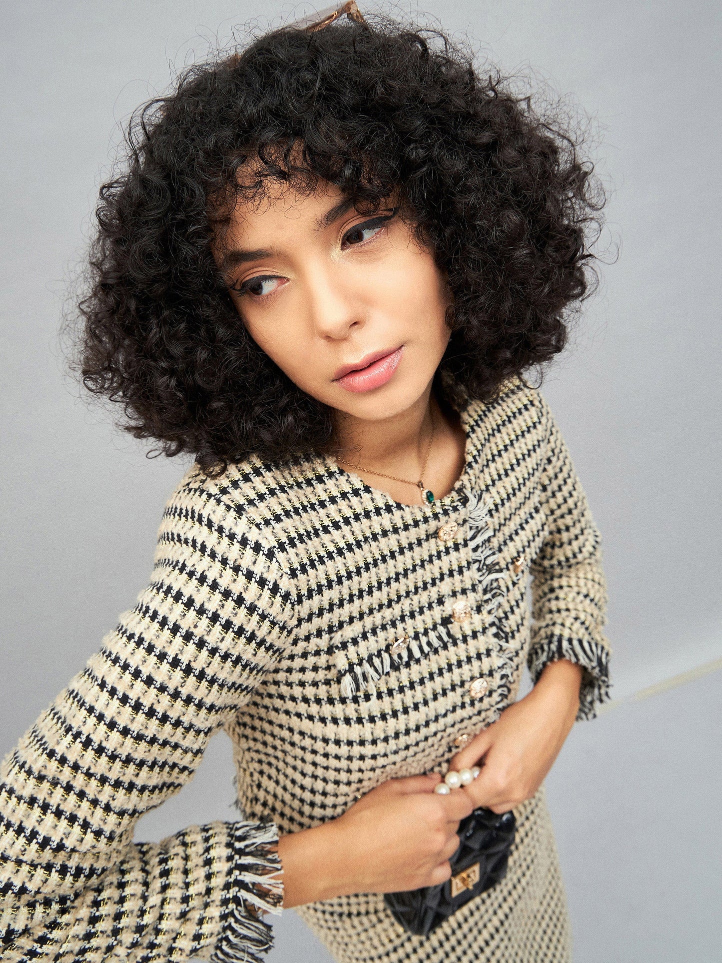 Off-White Check Jacquard Tweed Fringe Top