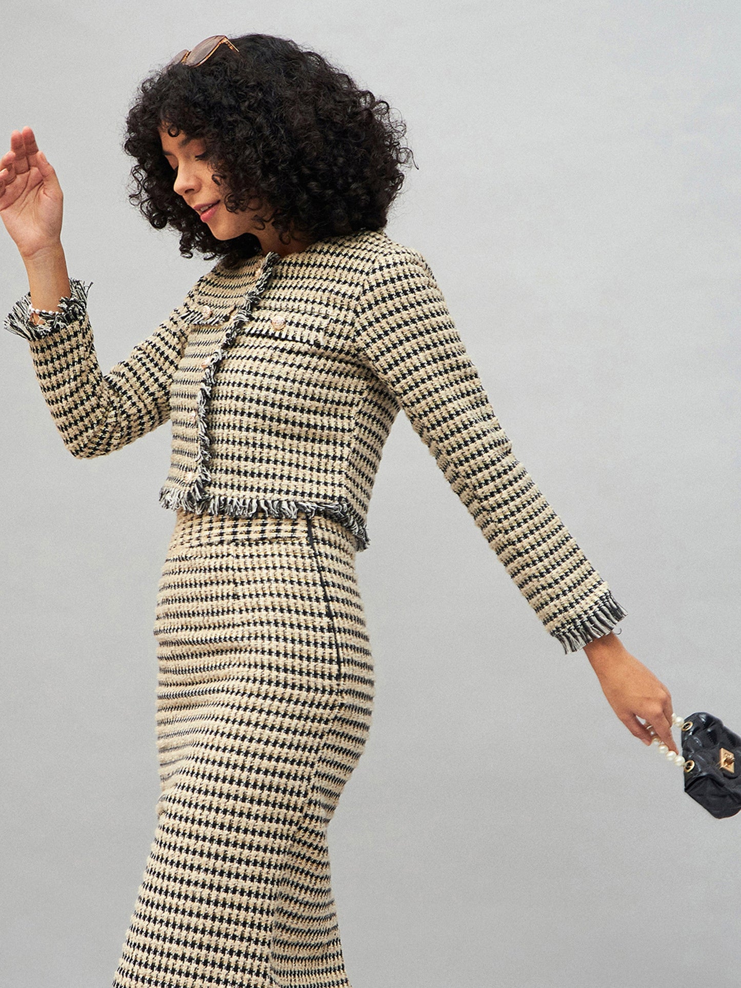 Off-White Check Jacquard Tweed Fringe Top