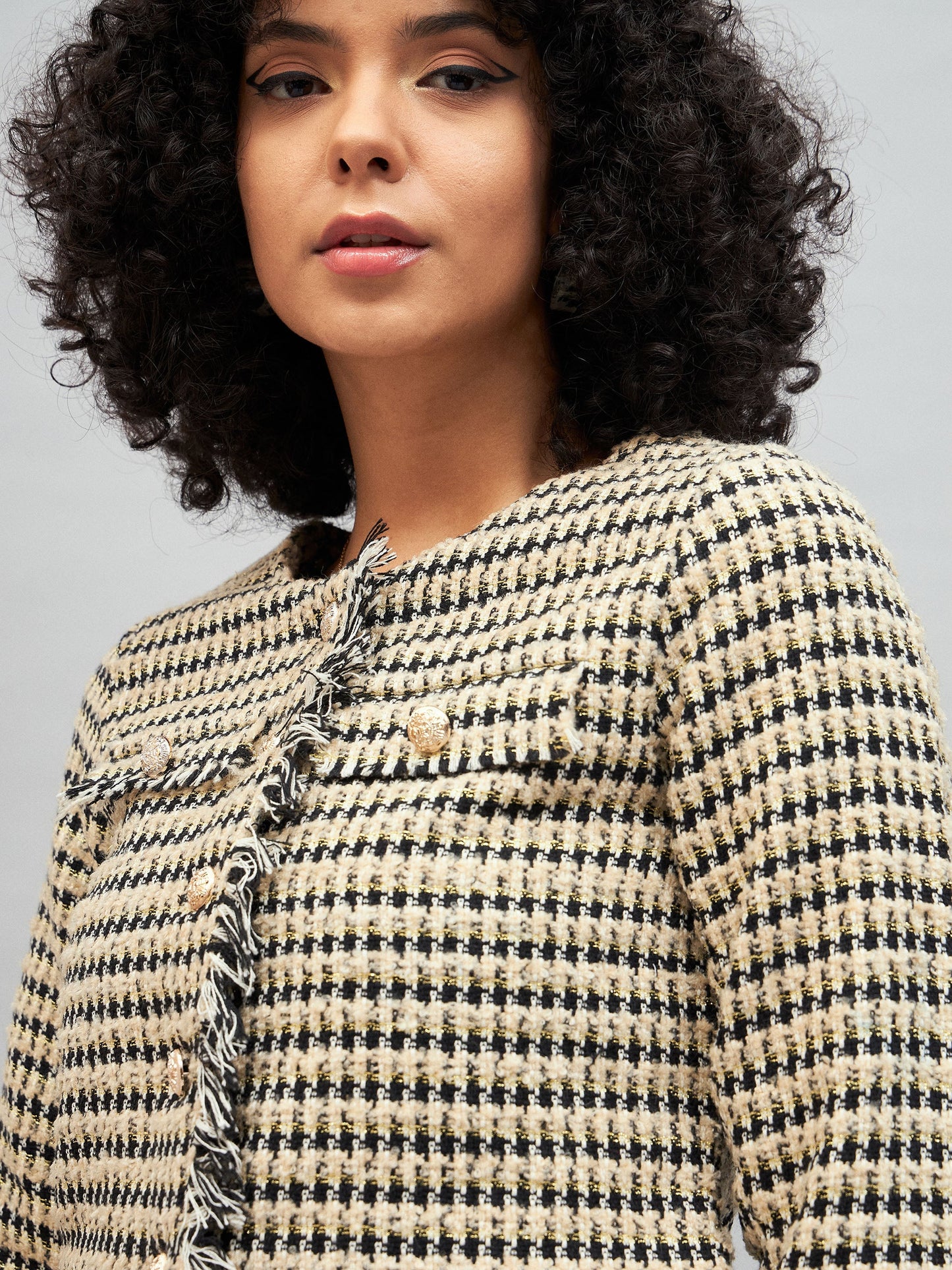 Off-White Check Jacquard Tweed Fringe Top