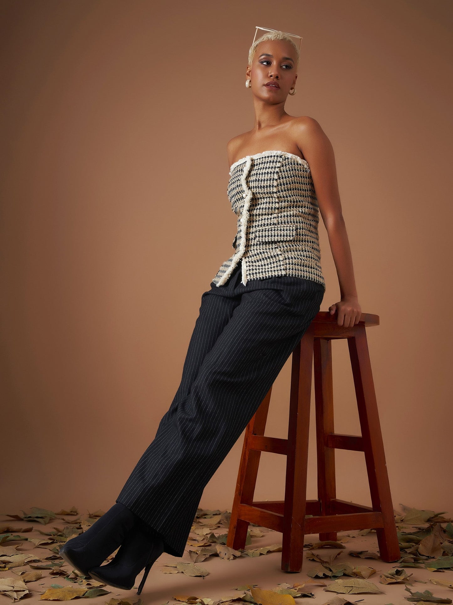Off-White Check Jacquard Tweed Corset Top
