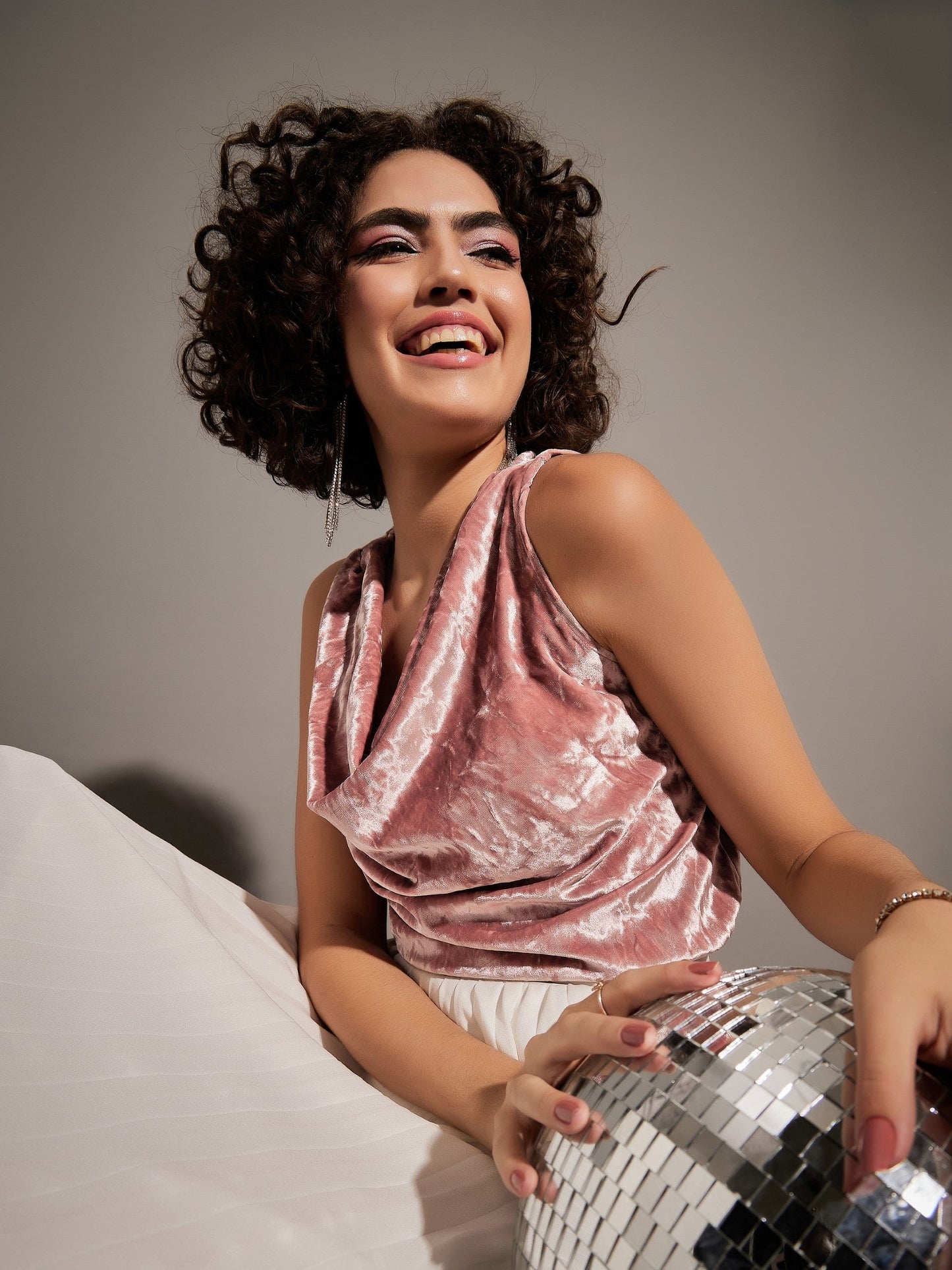 Pink Velvet Cowl Neck Sleeveless Top