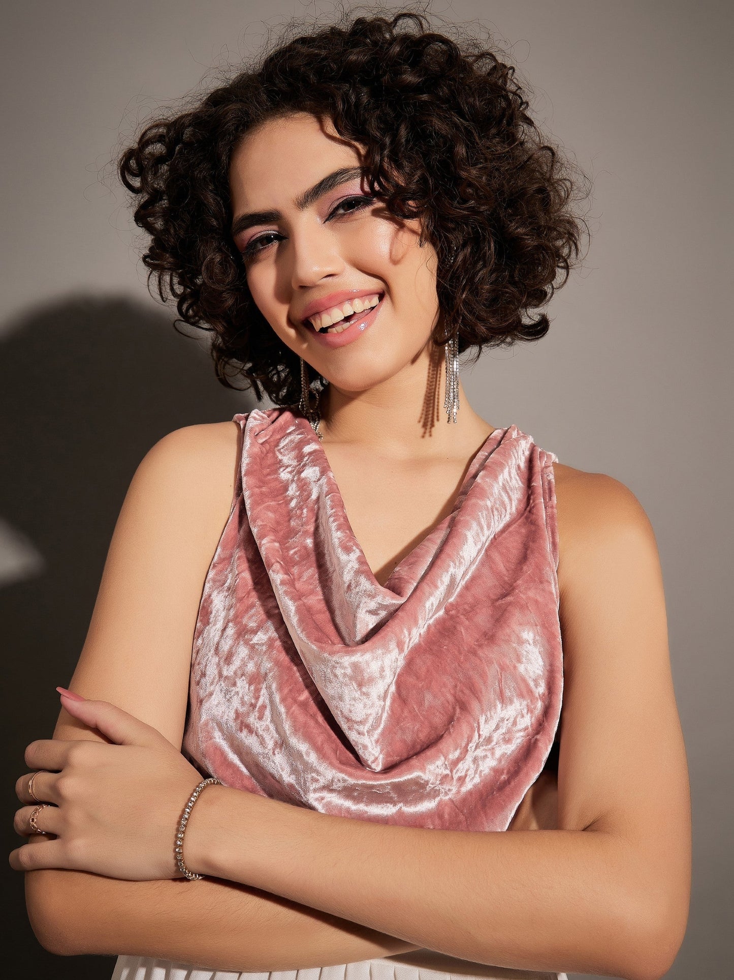 Pink Velvet Cowl Neck Sleeveless Top