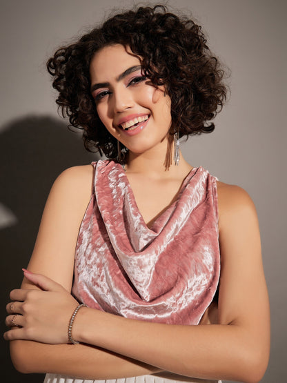 Pink Velvet Cowl Neck Sleeveless Top