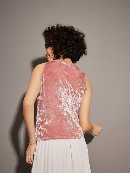 Pink Velvet Cowl Neck Sleeveless Top