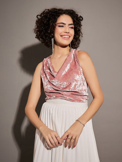 Pink Velvet Cowl Neck Sleeveless Top