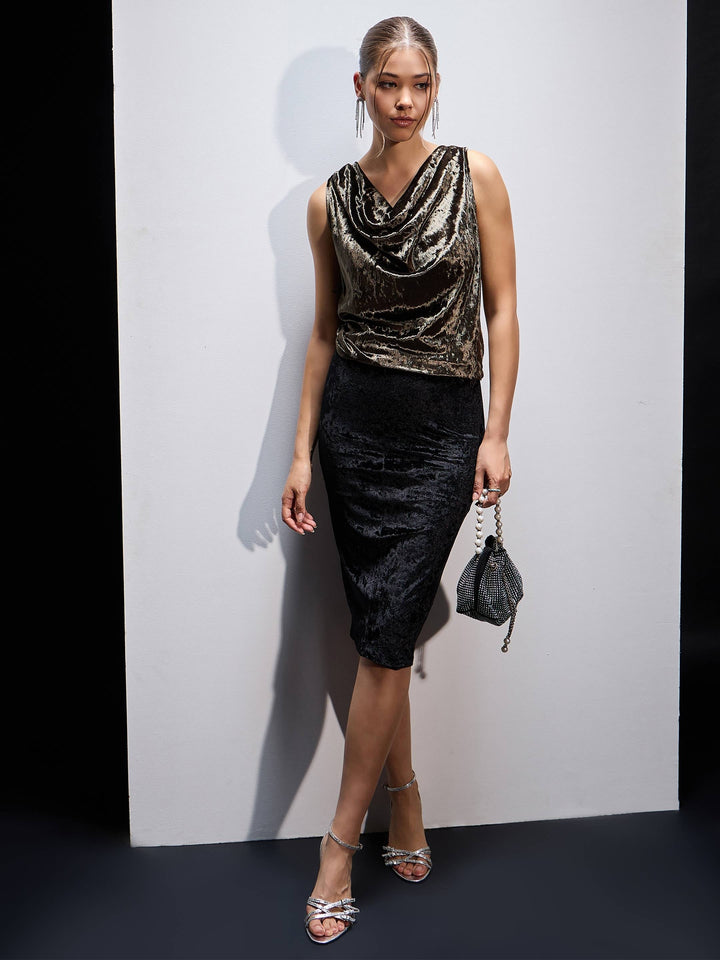 Women Olive Velvet Cowl Neck Sleeveless Top