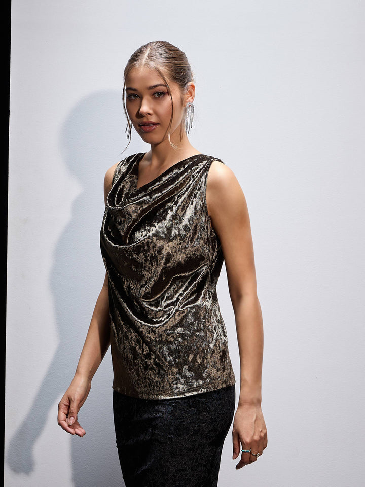Women Olive Velvet Cowl Neck Sleeveless Top