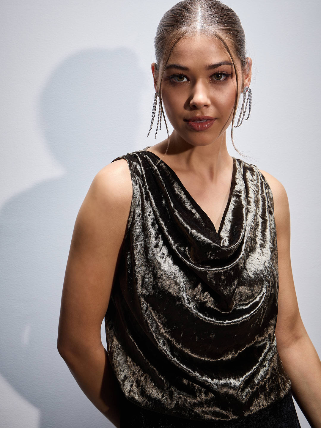 Women Olive Velvet Cowl Neck Sleeveless Top