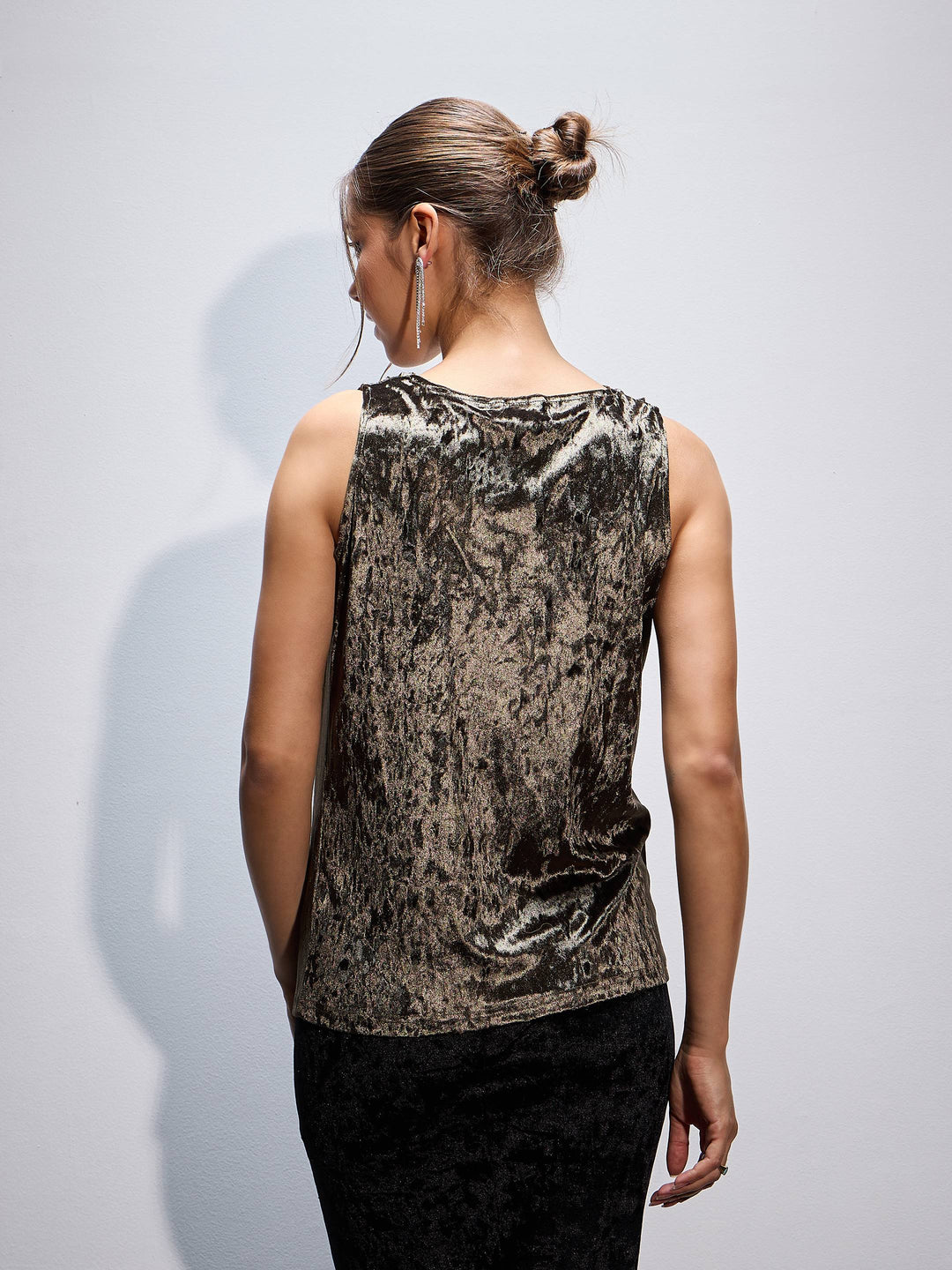 Women Olive Velvet Cowl Neck Sleeveless Top