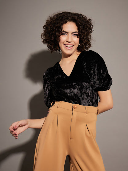 Black Velvet Puff Sleeves Top