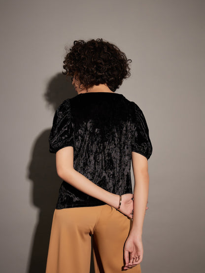 Black Velvet Puff Sleeves Top