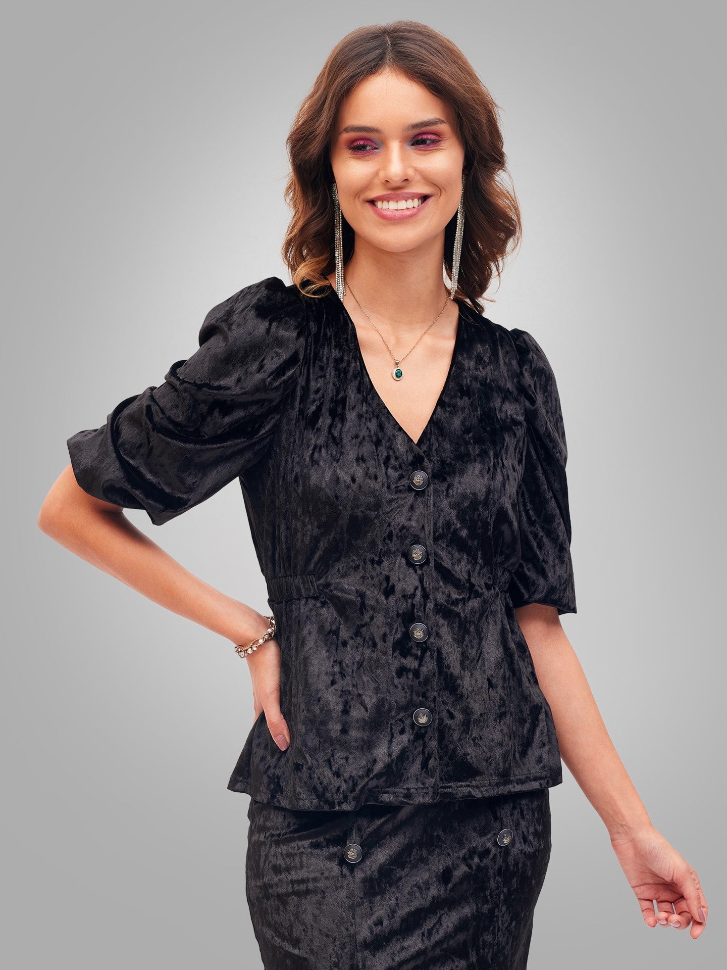 Women Black Velvet Front Button Top