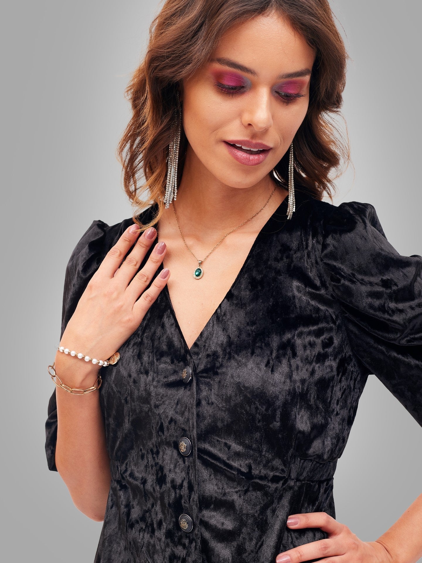 Women Black Velvet Front Button Top