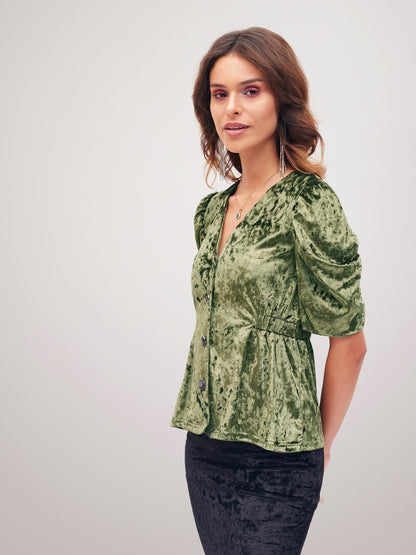 Women Olive Velvet Front Button Top