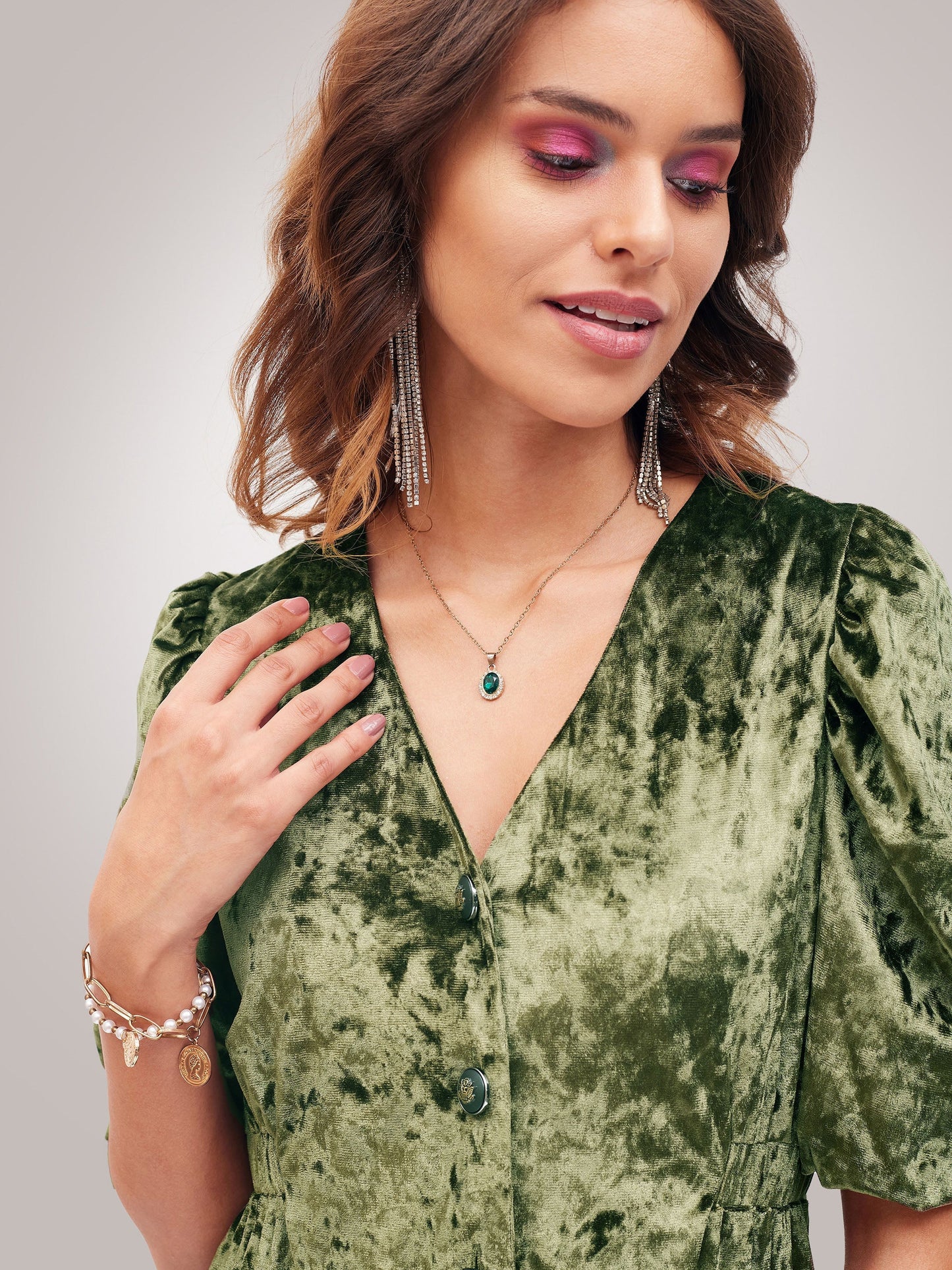 Women Olive Velvet Front Button Top