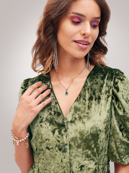 Women Olive Velvet Front Button Top