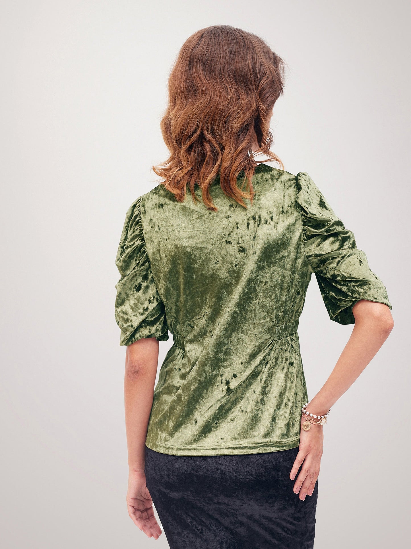 Women Olive Velvet Front Button Top